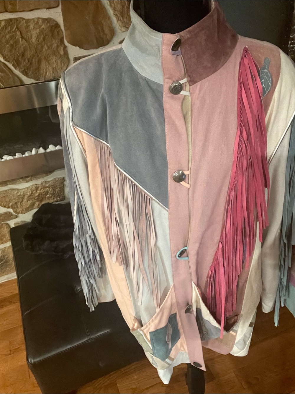 SFR Pastel Suede Fringe Jacket in Pink, Gray & Cream